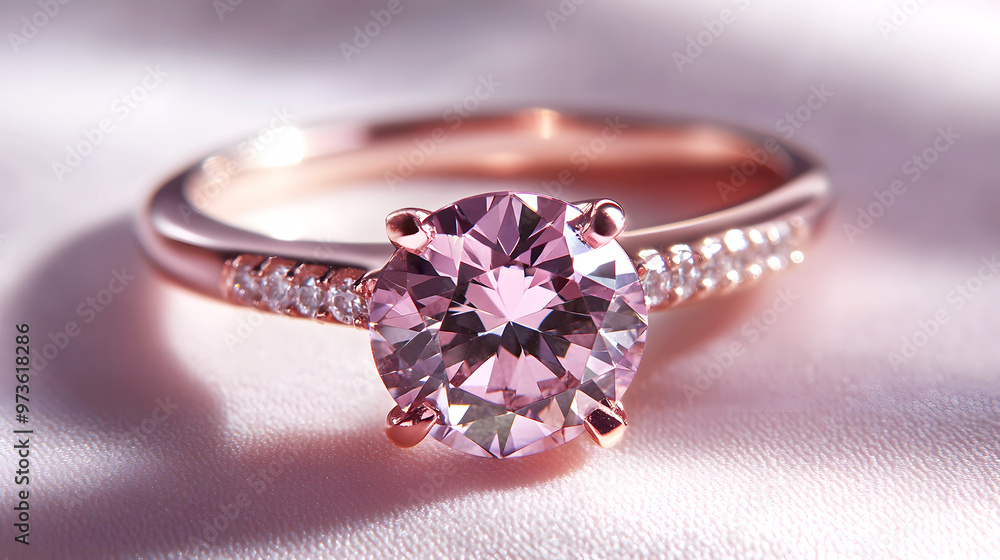 close-up of a pink diamond, glowing softly with its unique hue, set against a rose gold band close-up of a pink diamond, glowing softly with its unique hue, set against a rose gold band