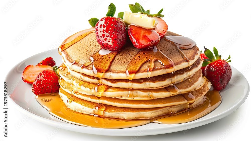 Pancakes with honey butter and strawberry isolated on white background Pancakes with honey butter and strawberry isolated on white background