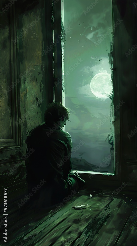 Silhouette of a Person Contemplating the Moonlit Night Silhouette of a Person Contemplating the Moonlit Night