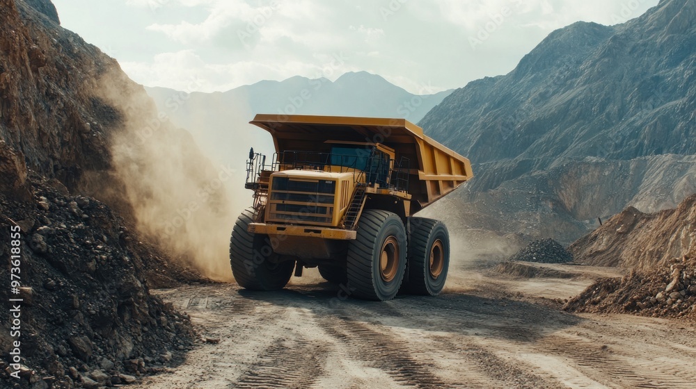 Large yellow dump truck driving in an open pit mine, kicking up dust. Large yellow dump truck driving in an open pit mine, kicking up dust.