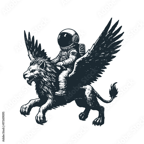 Cute astronaut riding a griffin. Black white vector. Icon and logo illustration.