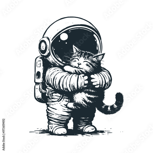 Cute astronaut hug a cat. .Black white vector icon and logo illustration.