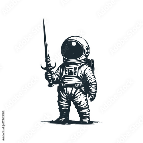 Cute astronaut hold a ancient sword. Black white vector. Icon and logo illustration.