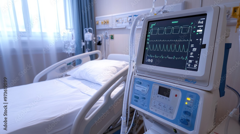 Close-up of a hospital bed with a medical monitor showing a heart rate. Close-up of a hospital bed with a medical monitor showing a heart rate.