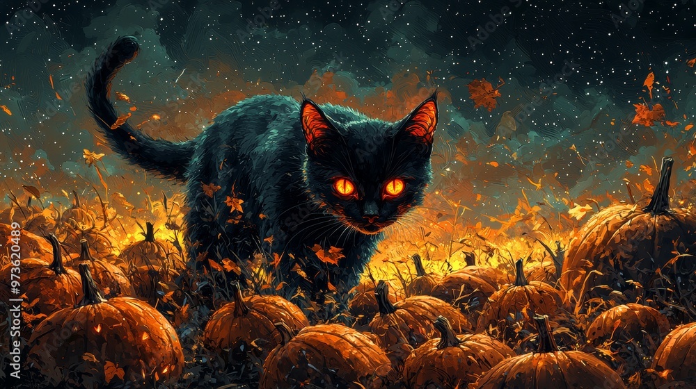 Fototapeta premium Black Cat with Glowing Eyes in Pumpkin Patch at Night