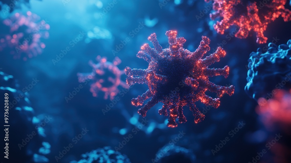 Close-up of a red virus cell against a blue background. Close-up of a red virus cell against a blue background.