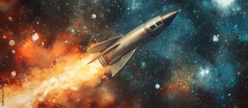Rocket soaring through the cosmos Mixed media Rocket soaring through the cosmos Mixed media