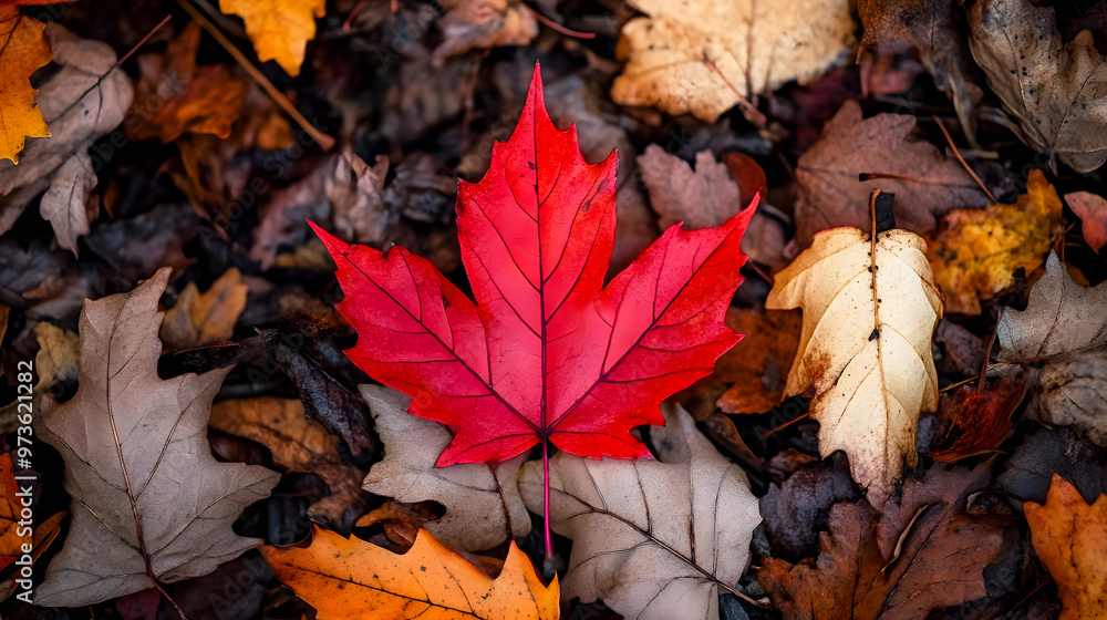 Close-up of a single bright red maple leaf, resting against a backdrop of other fallen leaves Close-up of a single bright red maple leaf, resting against a backdrop of other fallen leaves