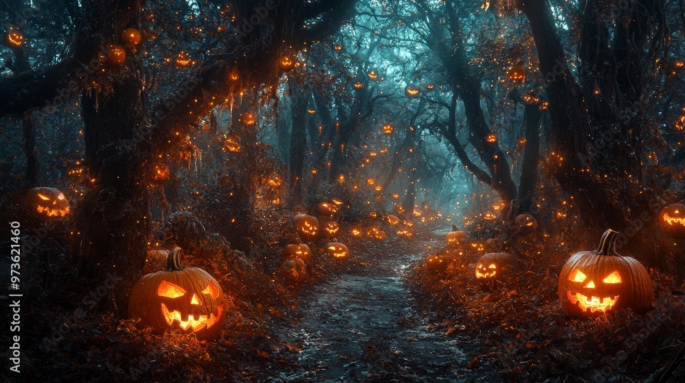 Spooky Halloween Forest Path with Jack O Lantern Lights Spooky Halloween Forest Path with Jack O Lantern Lights