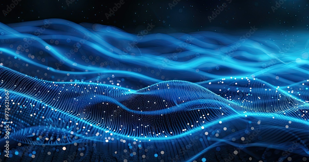 A visually striking representation of flowing blue waves with shimmering lights, evoking a sense of depth and movement. A visually striking representation of flowing blue waves with shimmering lights, evoking a sense of depth and movement.