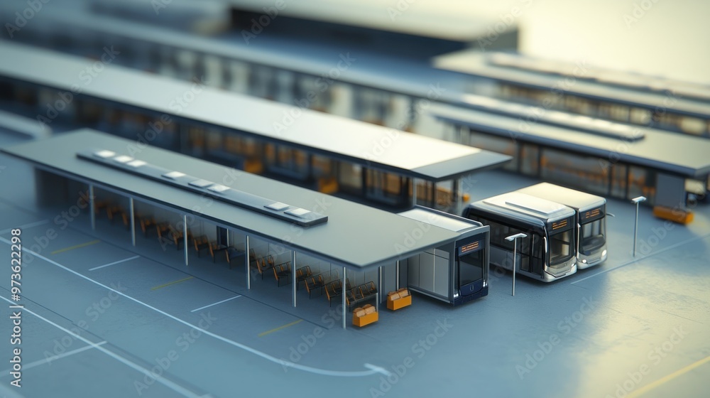 A bus stop with two buses at the platform, one is black and one is white, with a grey asphalt parking lot. A bus stop with two buses at the platform, one is black and one is white, with a grey asphalt parking lot.