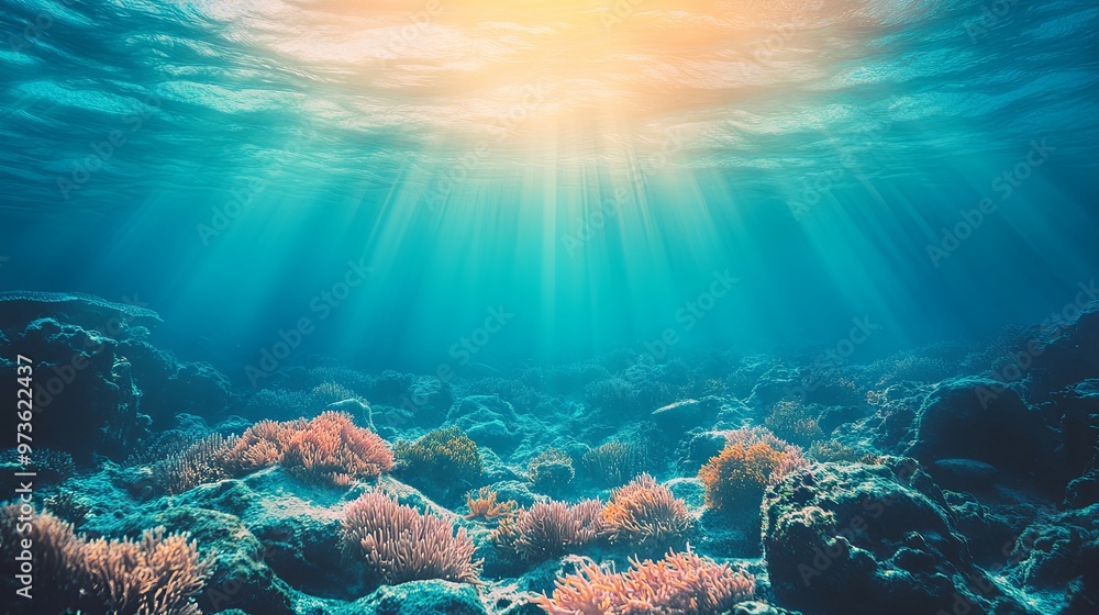 Fototapeta premium Enchanting Underwater Scene with Vibrant Coral Reefs and Diverse Marine Life, Highlighting the Breathtaking Beauty and Biodiversity of the Ocean Ecosystem
