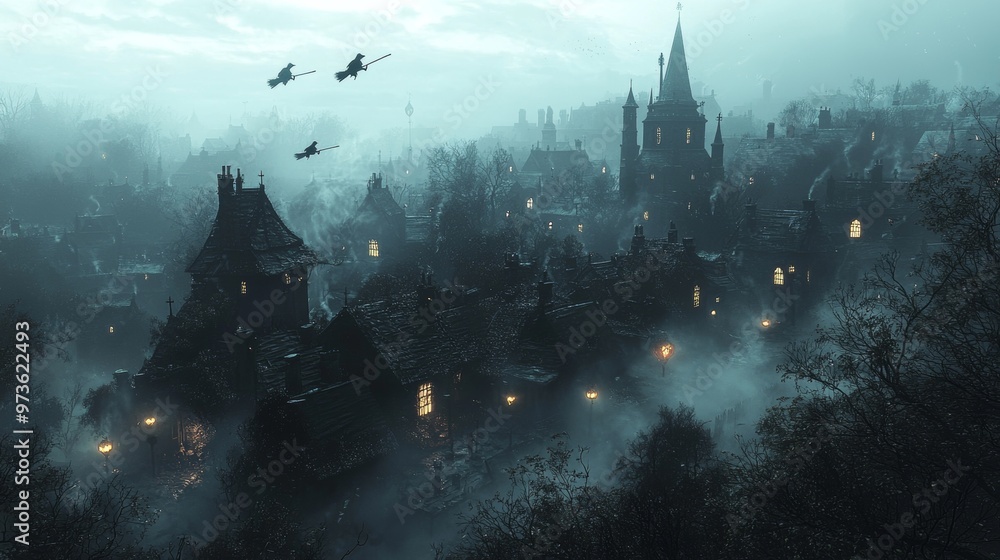 Mystical Medieval Village at Dusk with Flying Witches Mystical Medieval Village at Dusk with Flying Witches