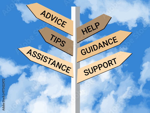 Advice, Help, Support, guidance, Tips and Assistance with arrows a metal signpost sky with clouds.