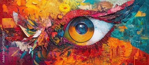 Unique mixed media artwork showcasing vibrant colors and intricate textures blending various materials to create an eye catching visual experience photo