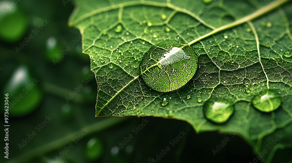 A delicate dewdrop on a green leaf reveals a tiny, shimmering world in close-up. A delicate dewdrop on a green leaf reveals a tiny, shimmering world in close-up.