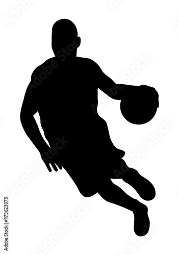 Silhouette of man, basketball player in motion during game, dribble ball, training isolated on white background. Concept of professional sport, competition, game, tournament, action