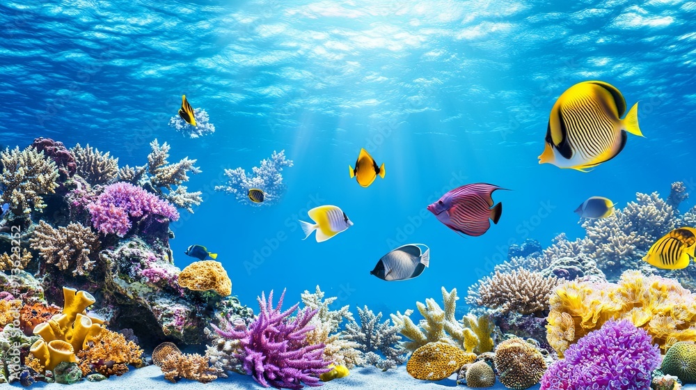 Naklejka premium Enchanting Underwater Scene with Vibrant Coral Reefs and Diverse Marine Life, Highlighting the Breathtaking Beauty and Biodiversity of the Ocean Ecosystem