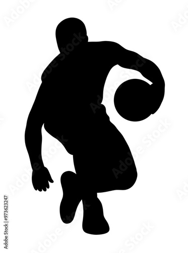 Silhouette of man, basketball player in motion during game, dribble ball, training isolated on white background. Concept of professional sport, competition, game, tournament, action