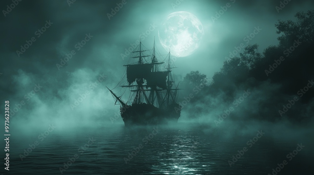Mystical Ship in Foggy Moonlight Mystical Ship in Foggy Moonlight