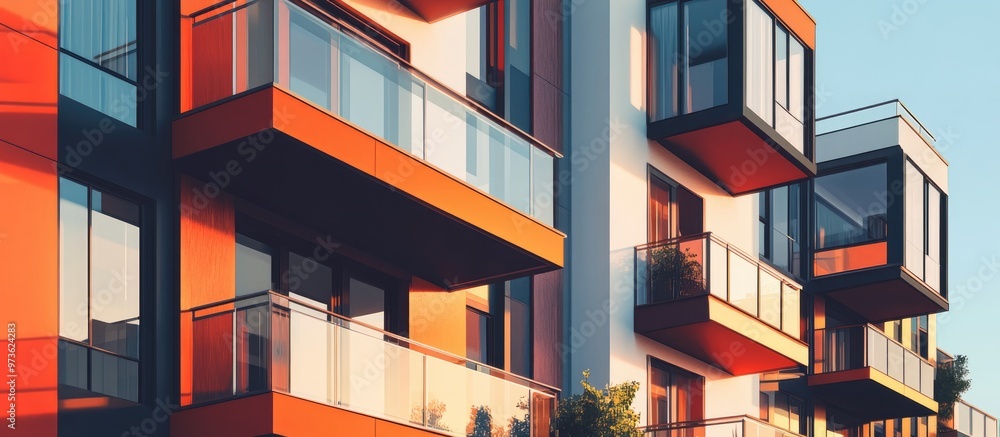 Contemporary apartment buildings featuring large windows and balconies showcasing a modern architectural design with outdoor amenities Mixed media composition Contemporary apartment buildings featuring large windows and balconies showcasing a modern architectural design with outdoor amenities Mixed media composition