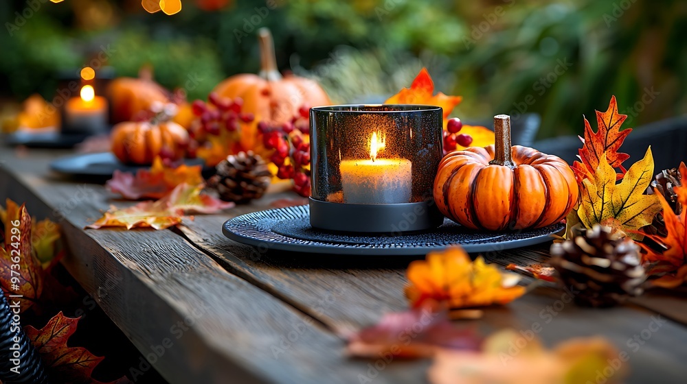 An autumn table is beautifully arranged with pumpkins, candles, and fallen leaves, capturing the warmth of the season. An autumn table is beautifully arranged with pumpkins, candles, and fallen leaves, capturing the warmth of the season.