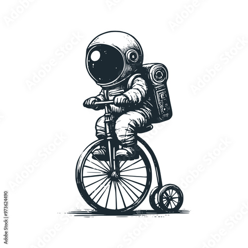 Cute astronaut ride penny farthing bike . Black white vector. Icon and logo illustration.