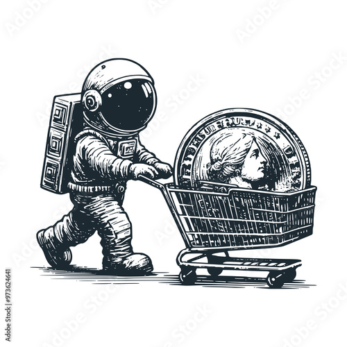 Cute astronaut push a money trolley. Black white vector. Icon and logo illustration.