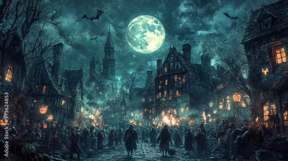 Fototapeta premium Halloween Night in a Medieval Town