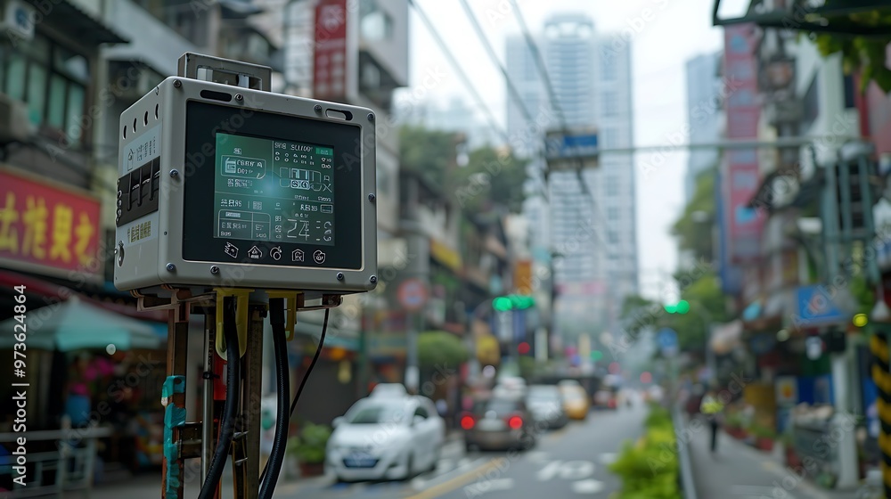 An air pollution measurement station in a city, with sensors monitoring the quality of the air and providing data for environmental protection efforts. The equipment stands as a symbol of the An air pollution measurement station in a city, with sensors monitoring the quality of the air and providing data for environmental protection efforts. The equipment stands as a symbol of the