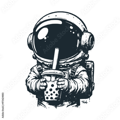 Cute astronaut drinking boba. Black white vector icon and logo illustration.