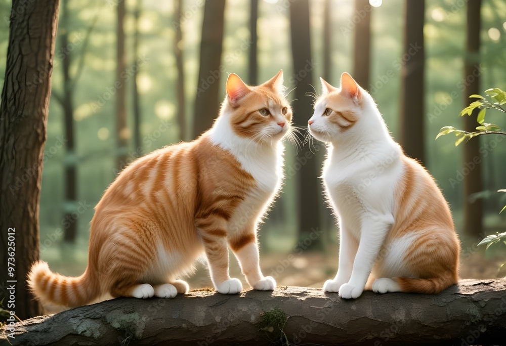 A cute orange tabby cat and a white puppy with black spots sitting together and smiling A cute orange tabby cat and a white puppy with black spots sitting together and smiling