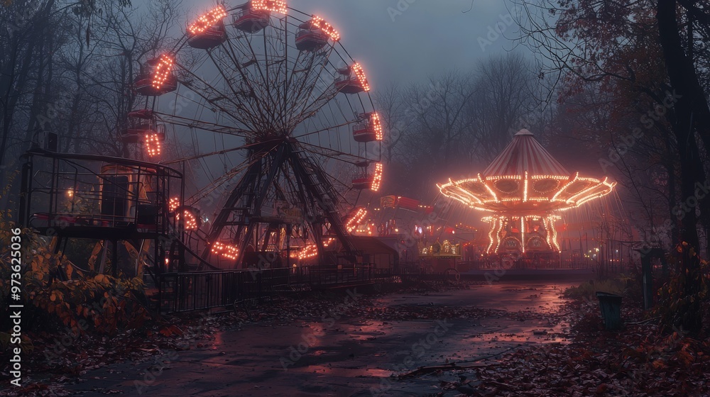 Abandoned Amusement Park Ferris Wheel and Carousel at Dusk Abandoned Amusement Park Ferris Wheel and Carousel at Dusk