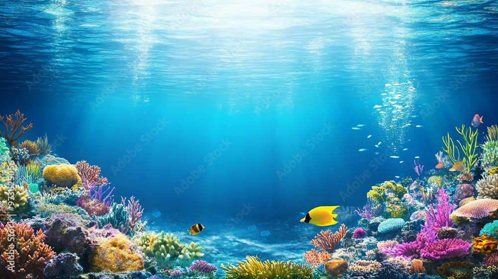 Fototapeta premium Enchanting Underwater Scene with Vibrant Coral Reefs and Diverse Marine Life, Highlighting the Breathtaking Beauty and Biodiversity of the Ocean Ecosystem