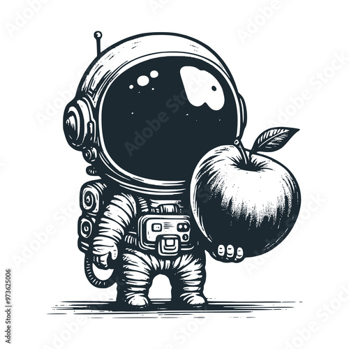 Cute astronaut hold a apple. Black white vector. Icon and logo illustration.