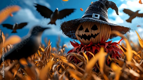 A spooky scarecrow looms in a field of corn, surrounded by dark, circling crows. photo