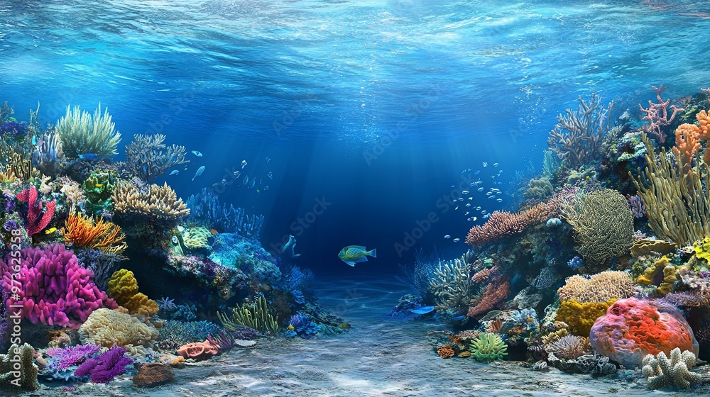 Fototapeta premium Enchanting Underwater Scene with Vibrant Coral Reefs and Diverse Marine Life, Highlighting the Breathtaking Beauty and Biodiversity of the Ocean Ecosystem