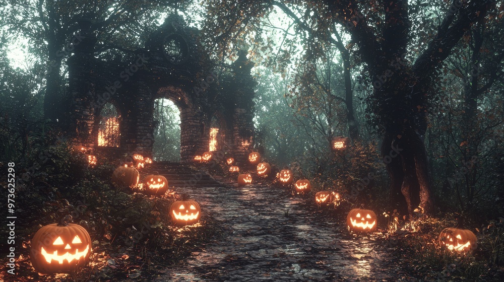 Halloween Jack O Lanterns Path to Haunted Ruins Halloween Jack O Lanterns Path to Haunted Ruins
