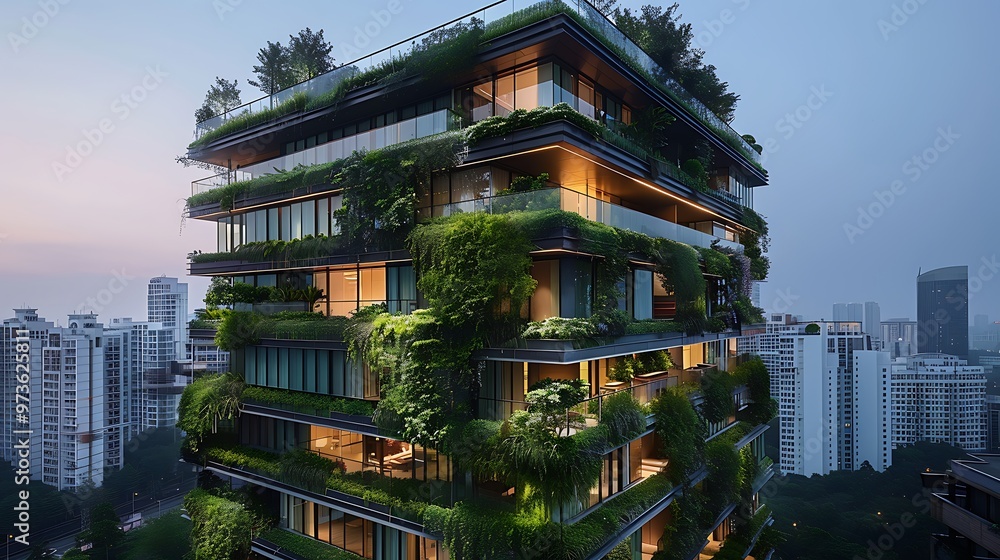 A vertical garden on the exterior of a city skyscraper, where lush greenery cascades down the building, providing natural insulation and air purification. This innovative approach to urban design A vertical garden on the exterior of a city skyscraper, where lush greenery cascades down the building, providing natural insulation and air purification. This innovative approach to urban design