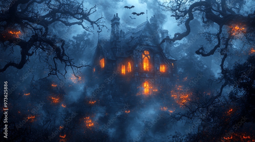 Haunted House in Foggy Forest with Bats and Glowing Lights