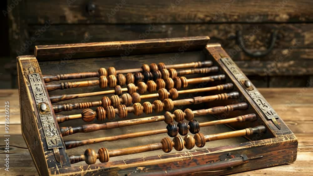 Exploring the intricate design of a vintage wooden abacus on a rustic wooden table