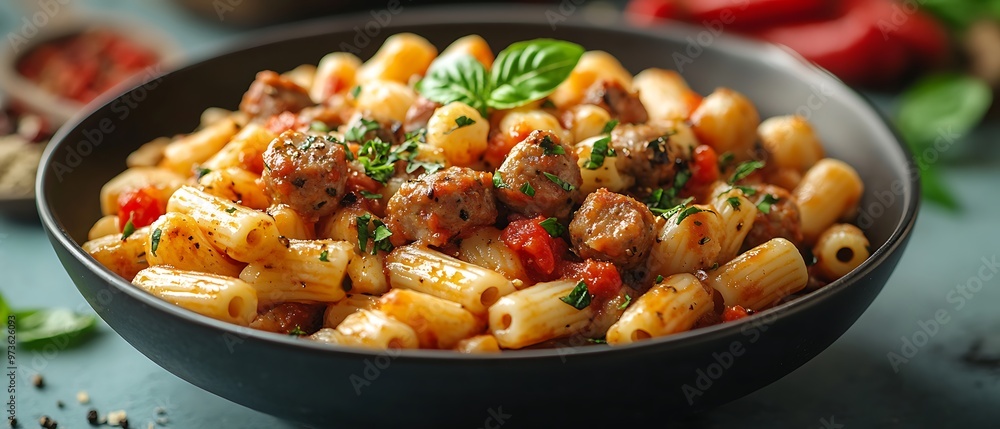 A delicious bowl of pasta with meatballs and herbs. A delicious bowl of pasta with meatballs and herbs.