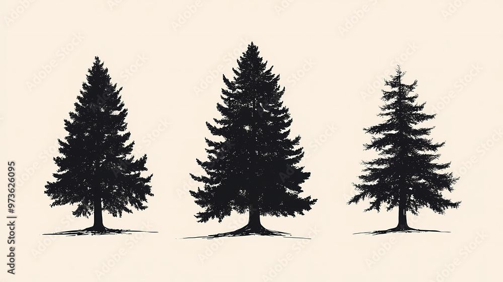 Obraz premium A set of three hand-drawn pine tree silhouettes. Redwood Forest. Illustration