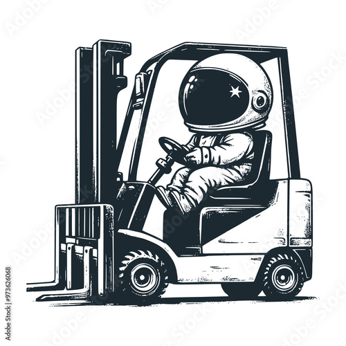 Cute astronaut ride a forklift . Black white vector. Icon and logo illustration.