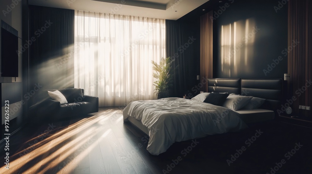 Sunlight streams through sheer curtains onto a bed in a dark modern bedroom. Sunlight streams through sheer curtains onto a bed in a dark modern bedroom.