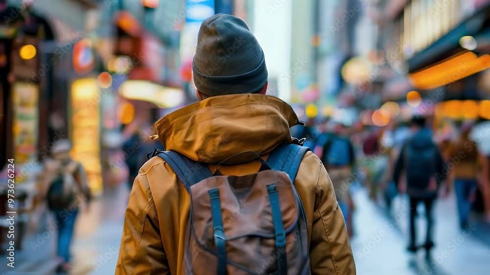 A person in a brown jacket and backpack walks through a busy urban street. A person in a brown jacket and backpack walks through a busy urban street.