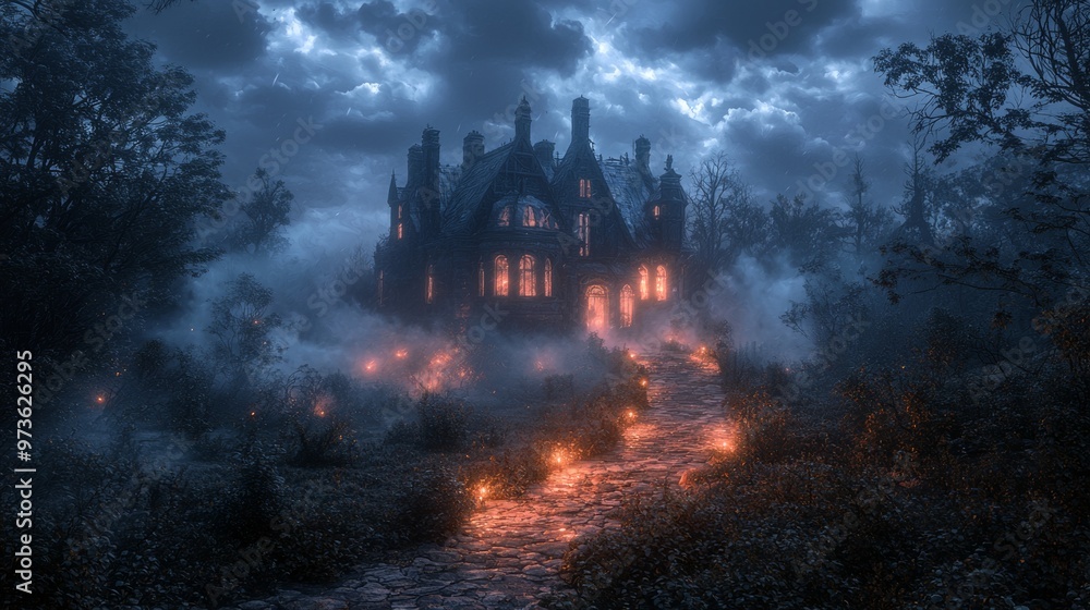 Mysterious Gothic Mansion in a Dark Forest with Cobblestone Path and Glowing Lights Mysterious Gothic Mansion in a Dark Forest with Cobblestone Path and Glowing Lights