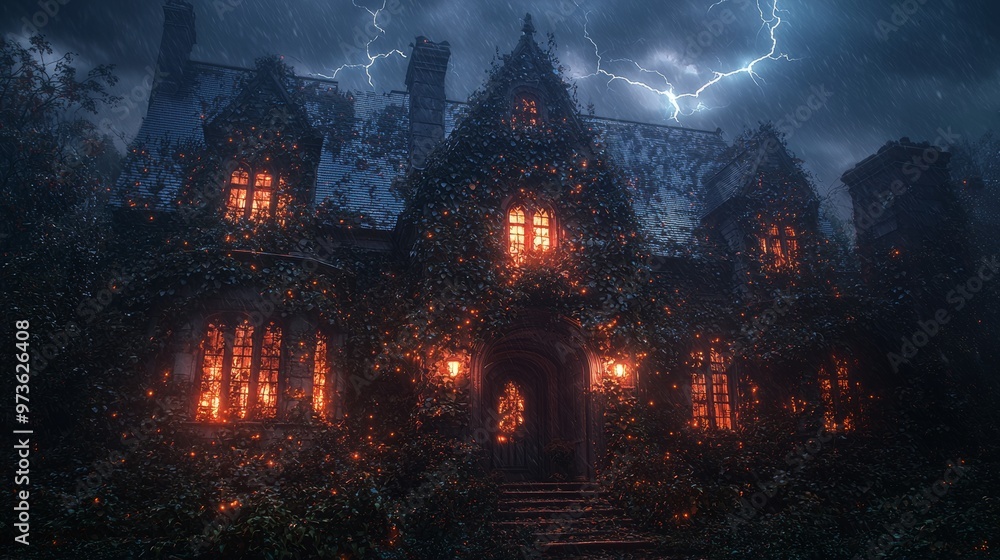 Mysterious Gothic House with Glowing Lights and Lightning Storm Mysterious Gothic House with Glowing Lights and Lightning Storm