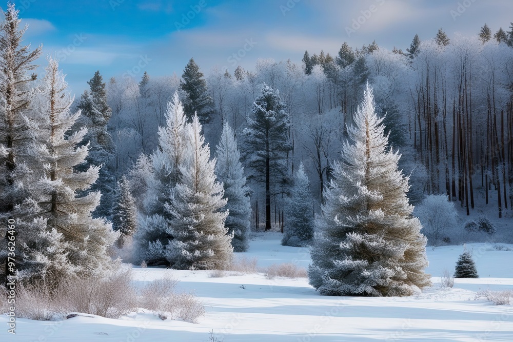 Stunning Winter Landscape with Frosted Evergreen Trees and Snow Covered Forest Stunning Winter Landscape with Frosted Evergreen Trees and Snow Covered Forest