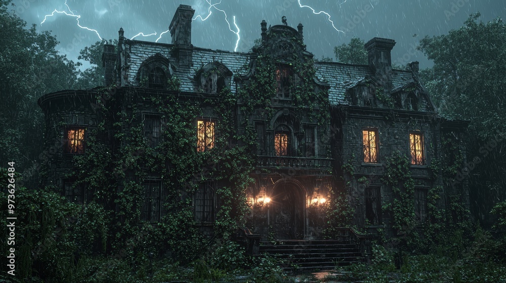 Mysterious Haunted Mansion in a Stormy Forest Mysterious Haunted Mansion in a Stormy Forest